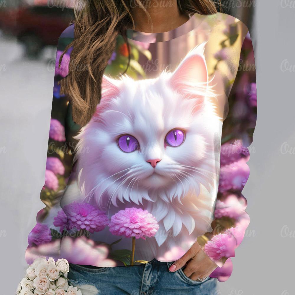 Flowers Cat  Long Sleeves Women Colorful Animal 3D Clothing  Tops O-Neck Cotton Clothes T-Shirt