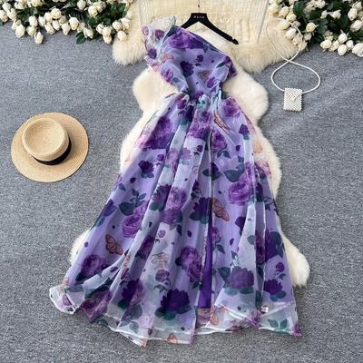 Summer Gorgeous Flower Organza Dress Women's One Shoulder Bowknot Floral Print High Waist Bohemian Long Split Robe Dresses