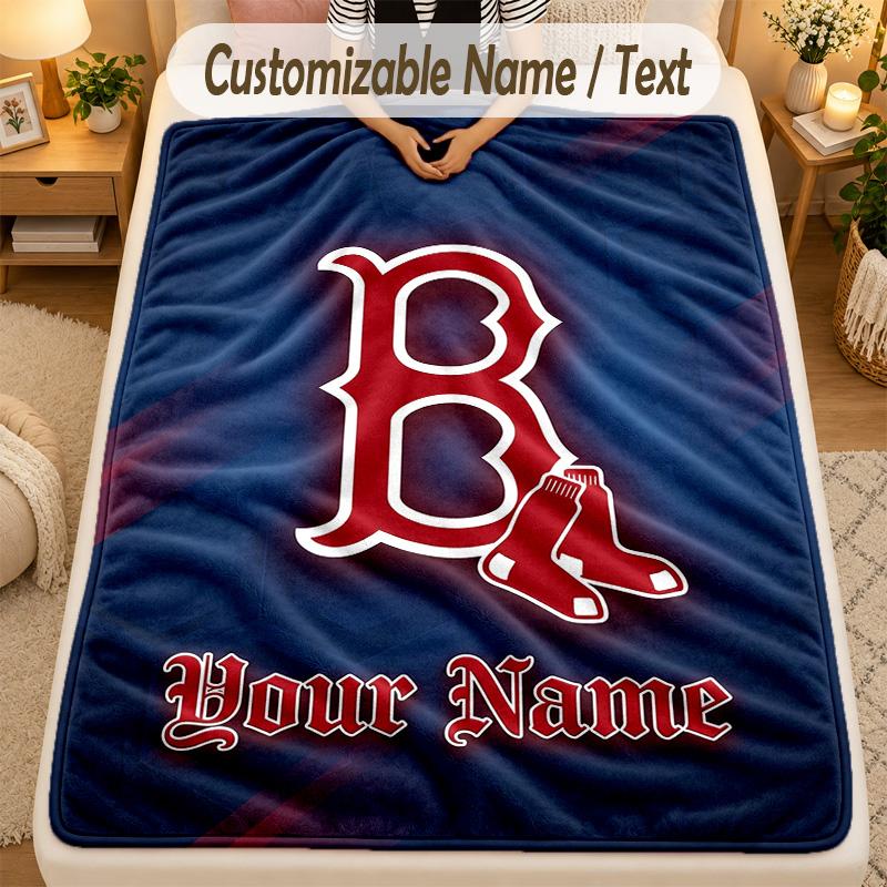 Flannel BlanketBoston Red Sox Custom Name Text Personalized Soft Warm Throw Blanket Home Decor Gift
