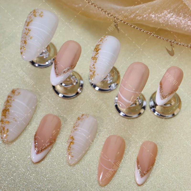Handmade Press-On Nails French Almond Shape With Gold Line Detailing Nude A1093 Thin Invisible Edge