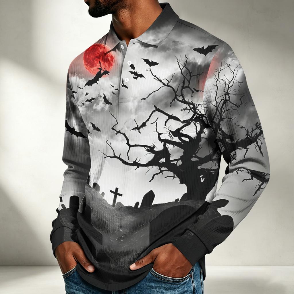 Men's Casual Halloween Print Long Sleeve Shirt Loose Fit