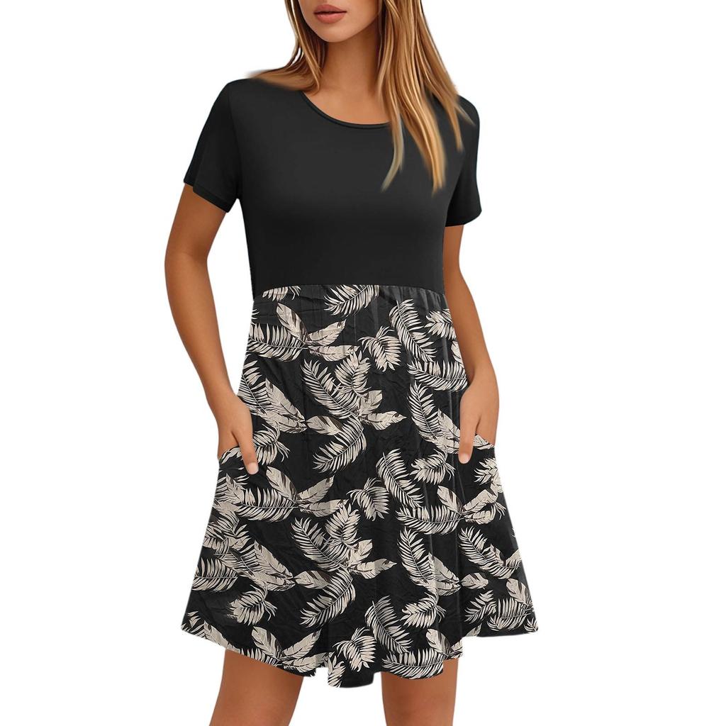 Women's Fashion Casual Loose Round Neck Short Sleeve Printed Pocket Dresses