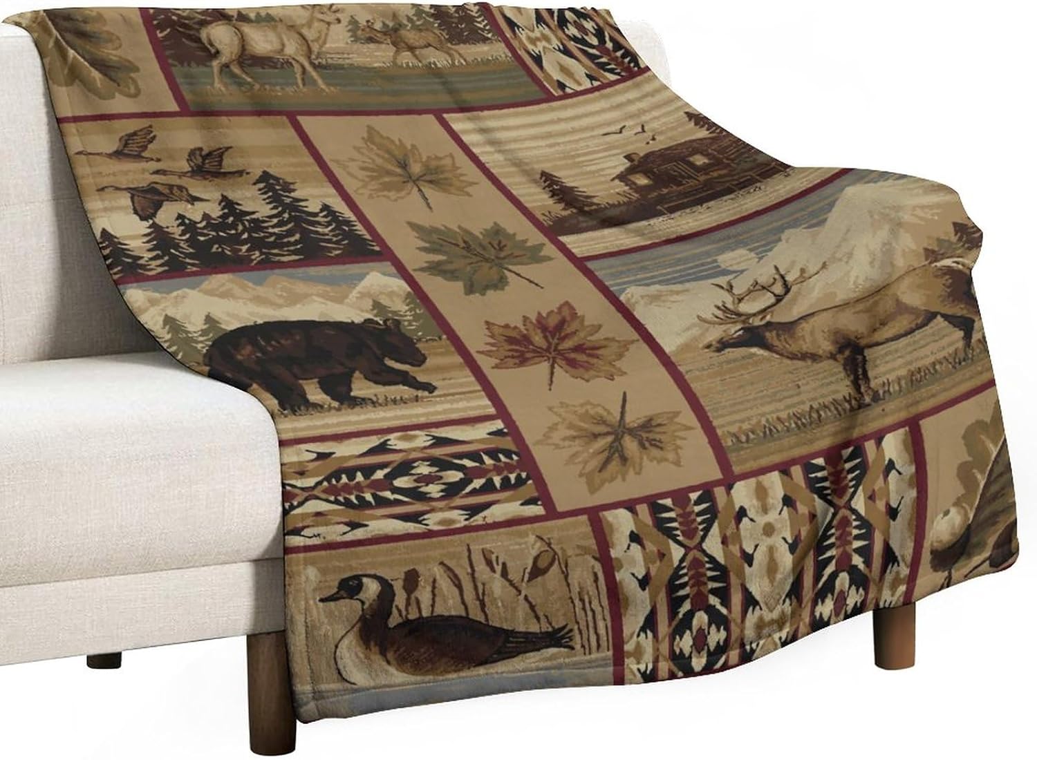 Jmg Household Supplies Unisex Coral Retro Moose Bedding Fleece Throw Blanket,Rustic Cottage Bear Deer Duck Farmhouse Country Style All Season Flannel Soft Warm Micr