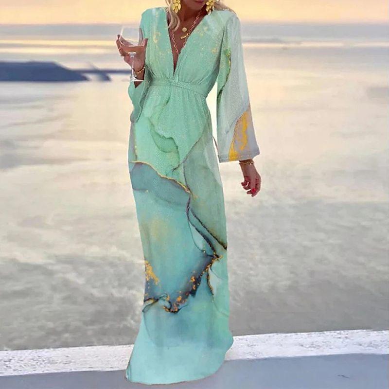

European and American Women s Clothing 2022 New Long Dress Beach Style Long Dress V-Neck Marble Print Bohemian Dress Green S