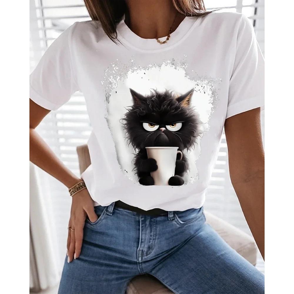 Women's T Shirt Tee Cat Daily Weekend Black Print Short Sleeve Fashion Funny Round Neck Regular Fit Summer