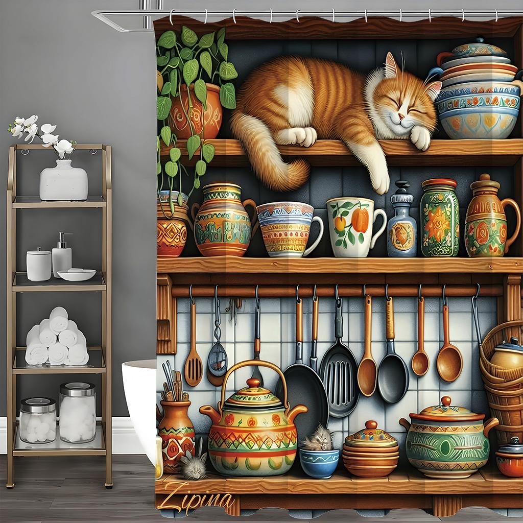 Kitchen Cabinet Cute Cat Kitchenware Items Shower Curtain, Bathroom Decorative Shower Curtain, Waterproof Shower Curtain with Ho