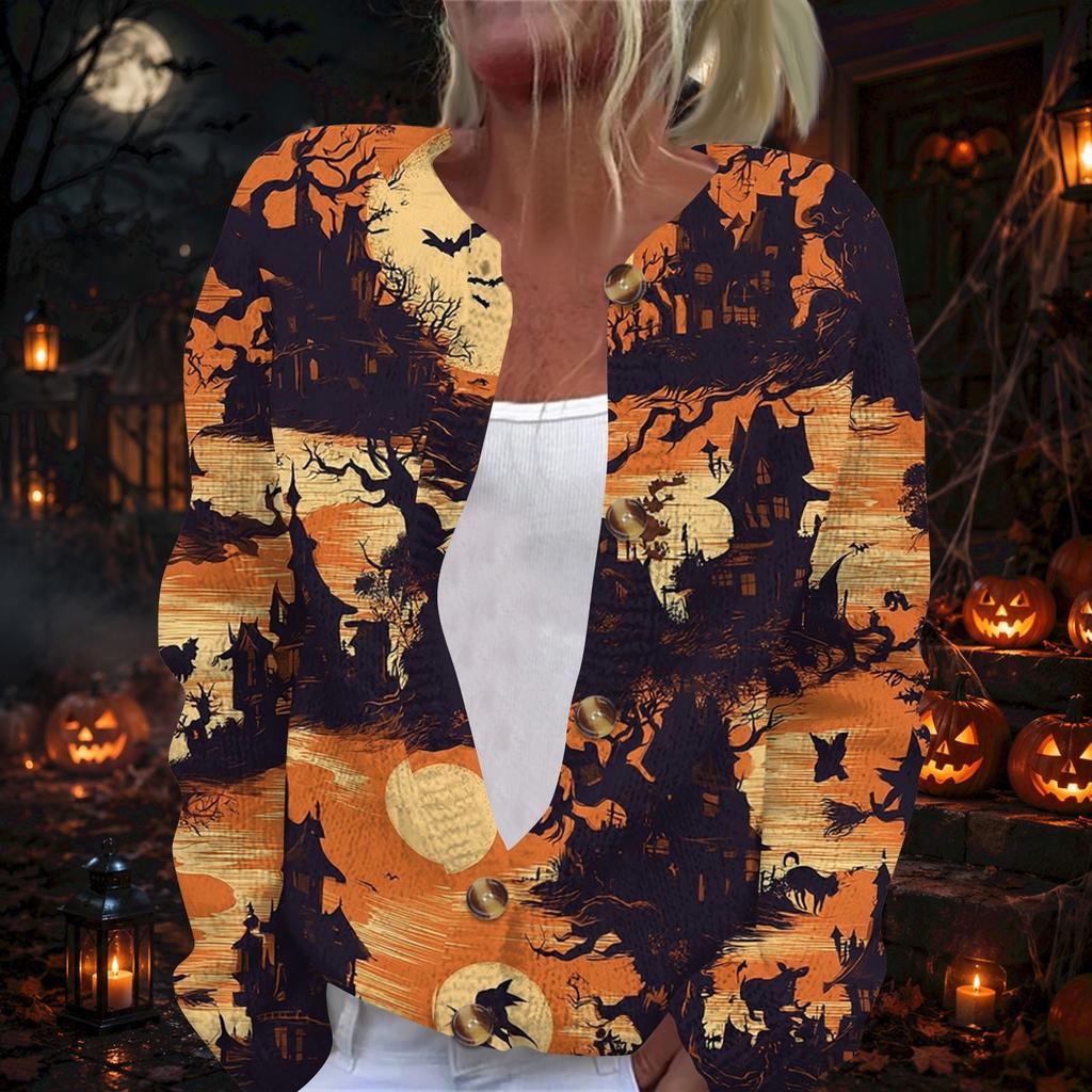 Women's Long Sleeve Knit Cardigan with Halloween Print Button Front