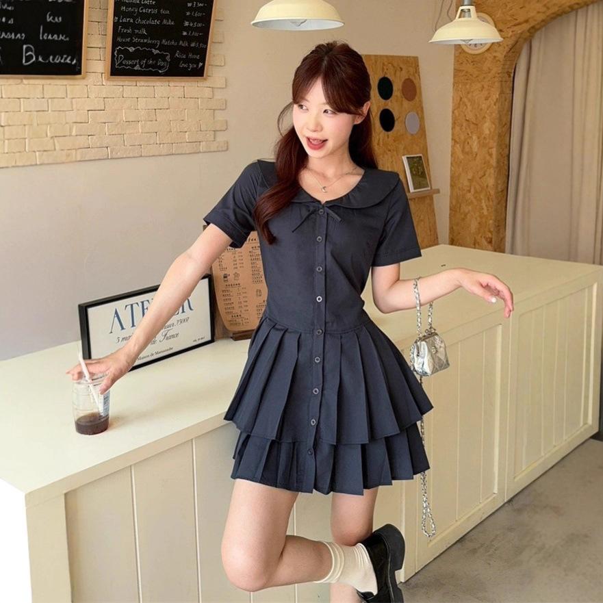 Korean Collegiate Style Doll Collar Shirt Dress, Summer High-end Sweet, First Love Waist-cinching Slimming Pleated Short Skirt
