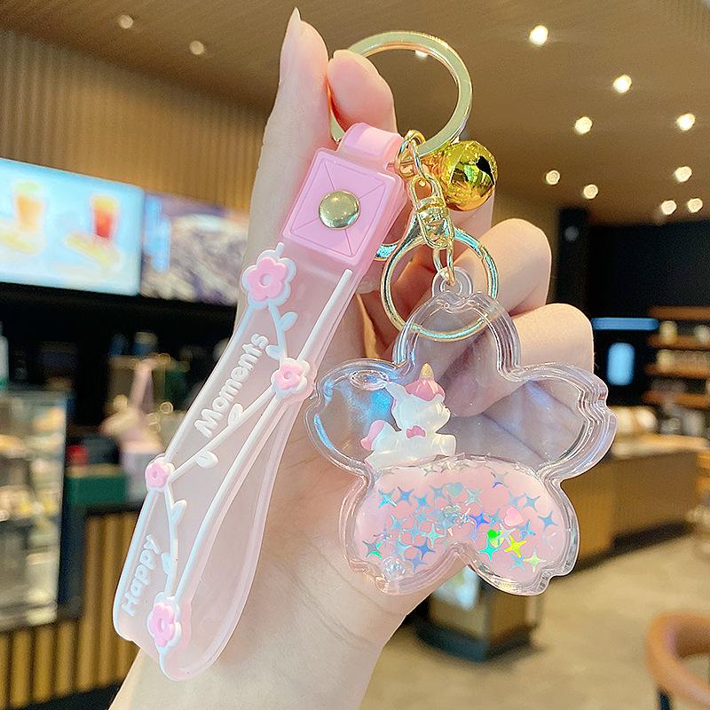 Lila Stern Flüssiger Treibsand Schlüsselanhänger mit Kirschblüten Öl-gefülltem Anhänger - Niedlicher 3D Rucksackanhänger für Frauen