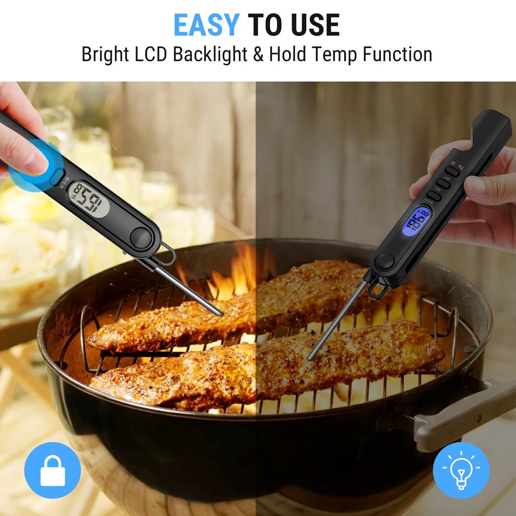Thermopro Famili Digitales Fleischthermometer mit Hintergrundbeleuchtung, 3-in-1 Küchenthermometer mit Taschenlampe und Flaschenöffner für Grillöfen