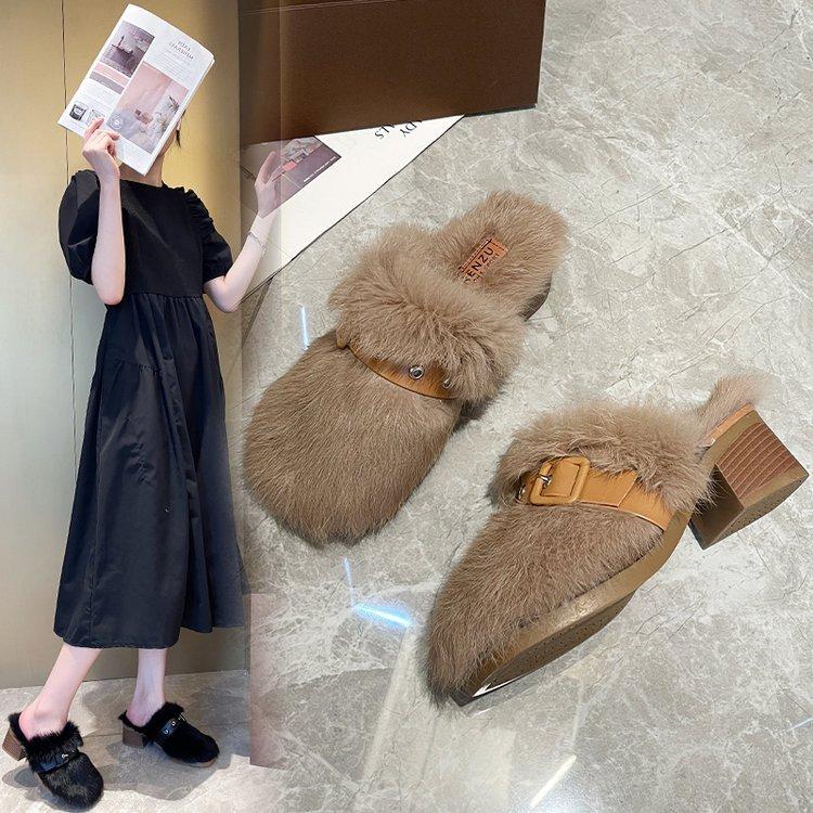Large size thick high-heeled fluffy slippers women's autumn and winter new plush thickened fluffy slippers