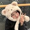 Autumn Winter Cartoon Bear Plush Button Hat Scarf and Hat Integrated Thickened Windproof Warm Neck Warmer Hat