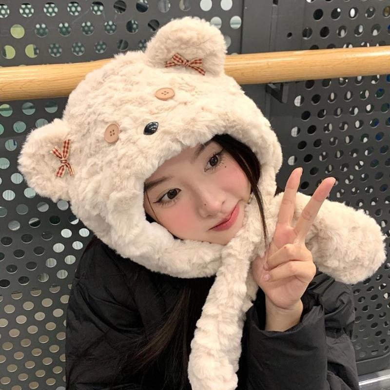 Autumn Winter Cartoon Bear Plush Button Hat Scarf and Hat Integrated Thickened Windproof Warm Neck Warmer Hat