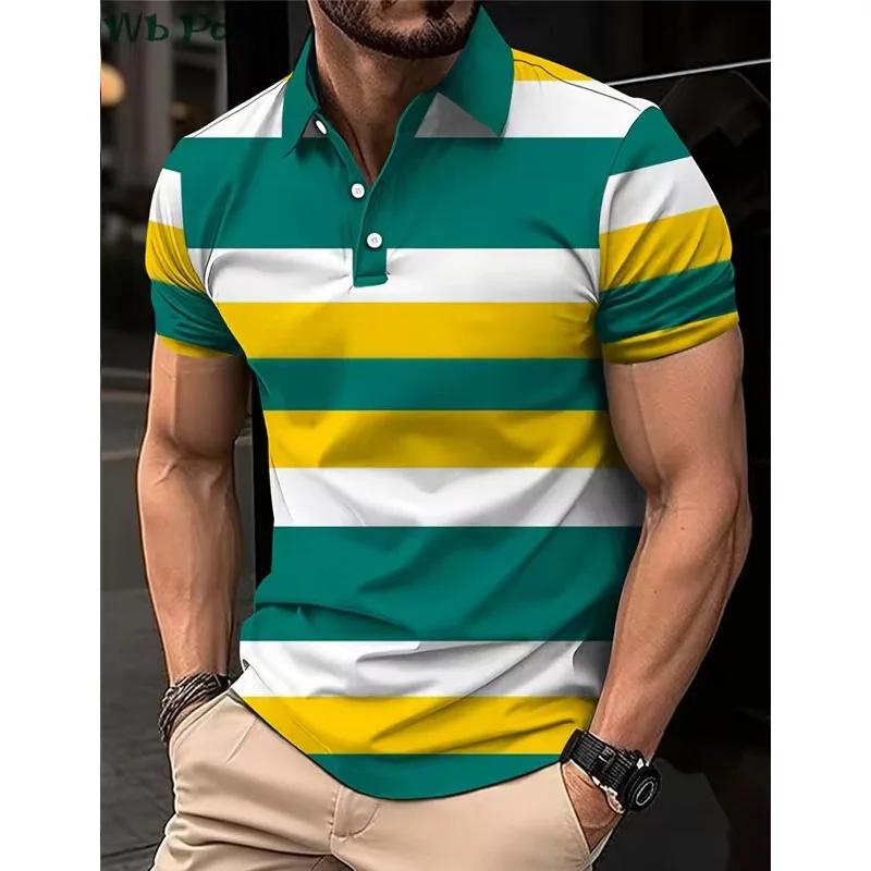 Striped Printed Men's Shirt, Men's Polo Street Men's Clothing, Loose Men's Polo Shirt