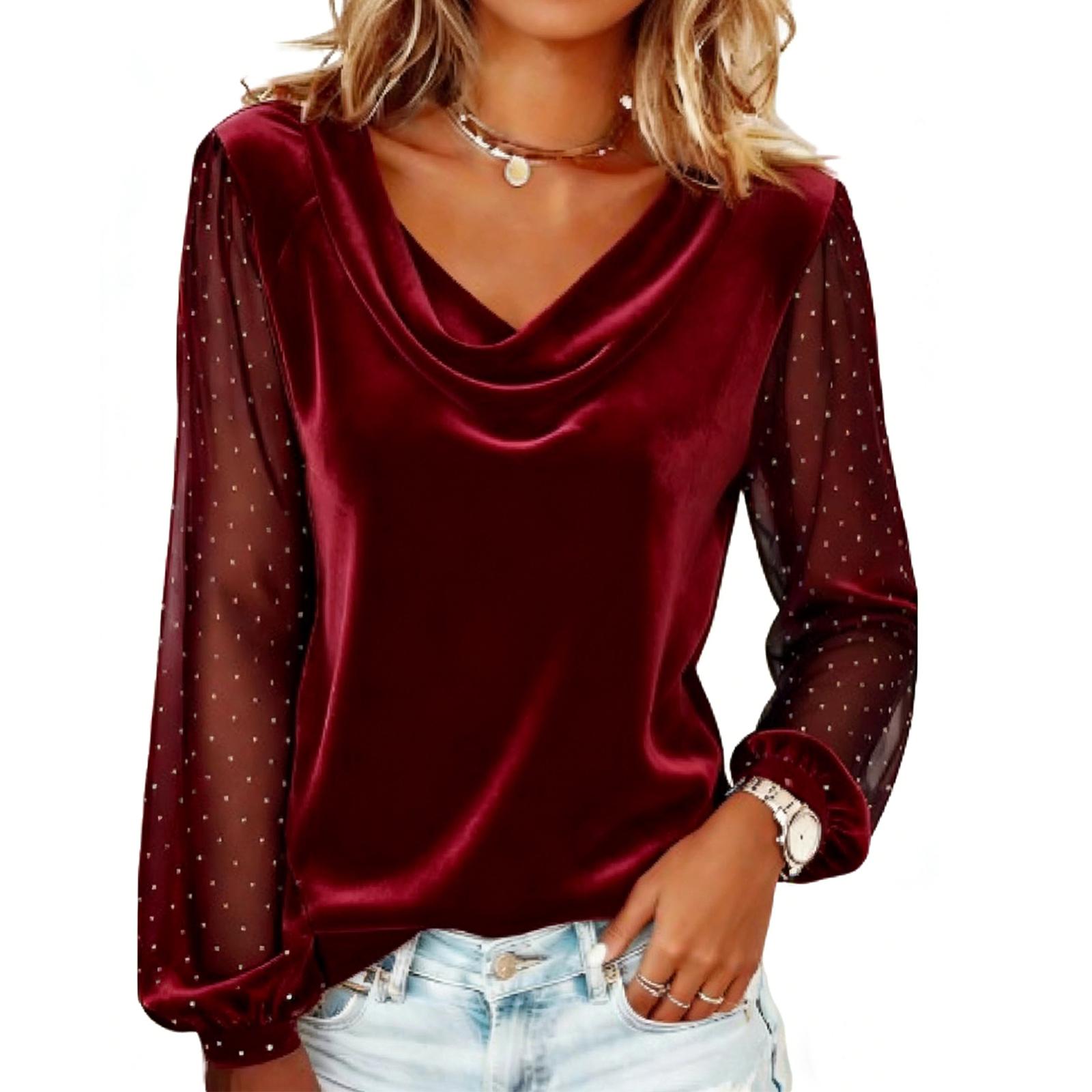 

Женская модная повседневная футболка с длинными рукавами, из махрового кружева со стразами XL красный