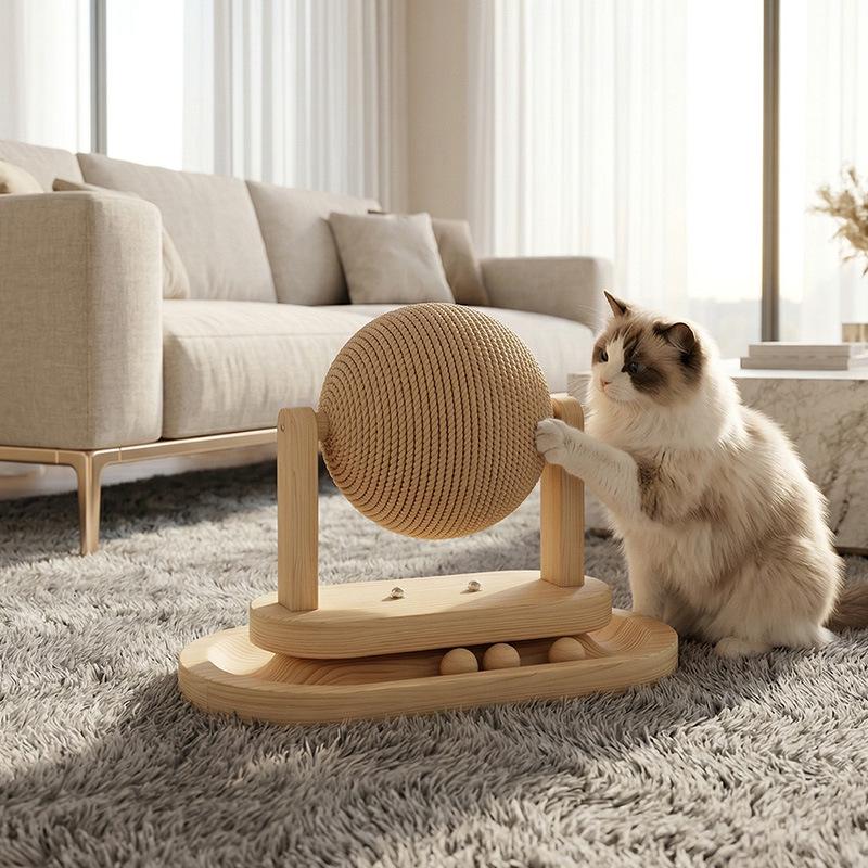 Sisal Cat Scratch Ball Toy with Solid Wood Stand - Boredom Relief & Wear-Resistant Design