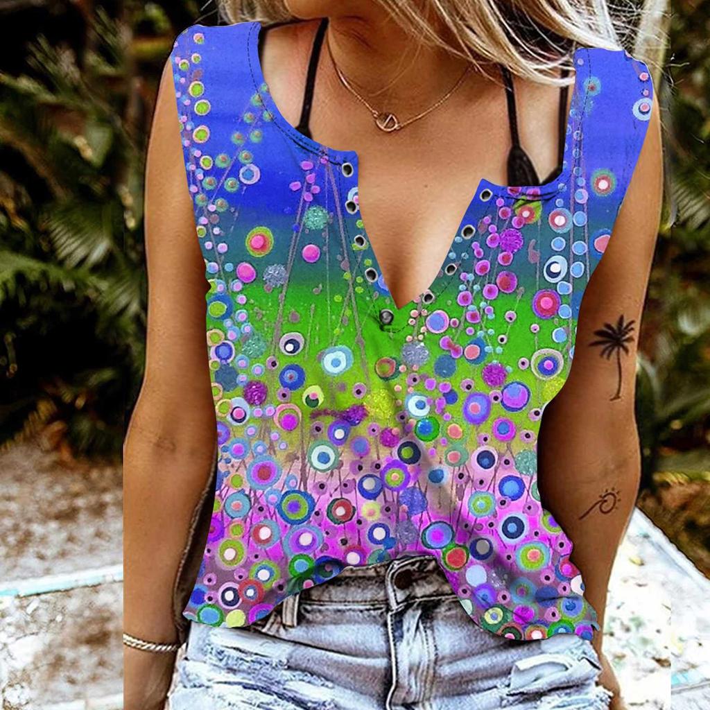 Women Tanks Sexy V Neck Sleeveless Summer Tops Vest 3D Colored Dots Print Cool Lightweight Tops