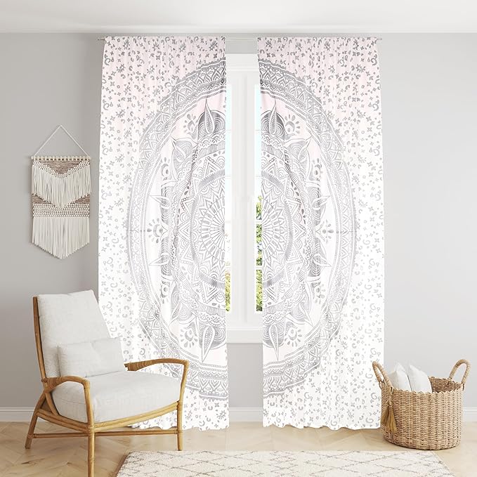 

Bless International Beautiful Indian Bohemian Psychedelic Hippie Ombre Window Curtain Panels for Bedroom, Living, Balcony (Silver Ombre) 83 L x 38 W