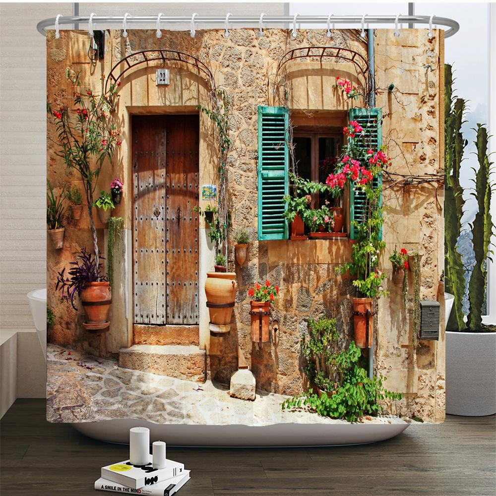 Rural Idyllic Flowers European Garden Shower Curtain Bathroom Waterproof 3d Printed Bath Curtains With 12 Hooks Polyester Cloth