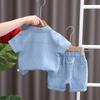 Boys Summer Solid Color Workwear Suit In Small Children Button Lapel Short-sleeved Top + Casual Pants Handsome Two-piece Set