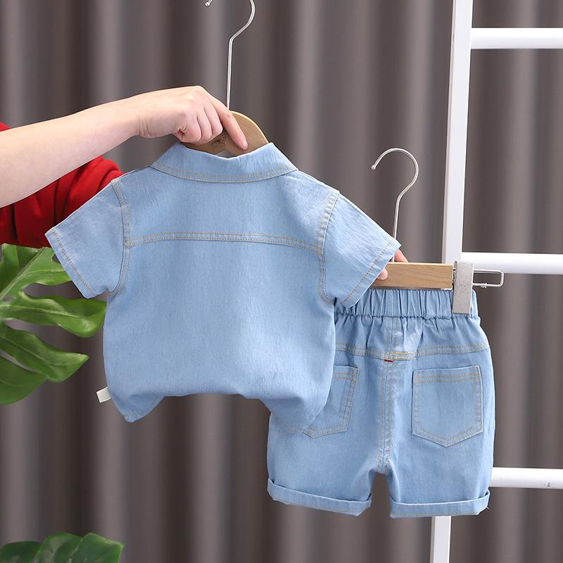 Boys Summer Solid Color Workwear Suit In Small Children Button Lapel Short-sleeved Top + Casual Pants Handsome Two-piece Set