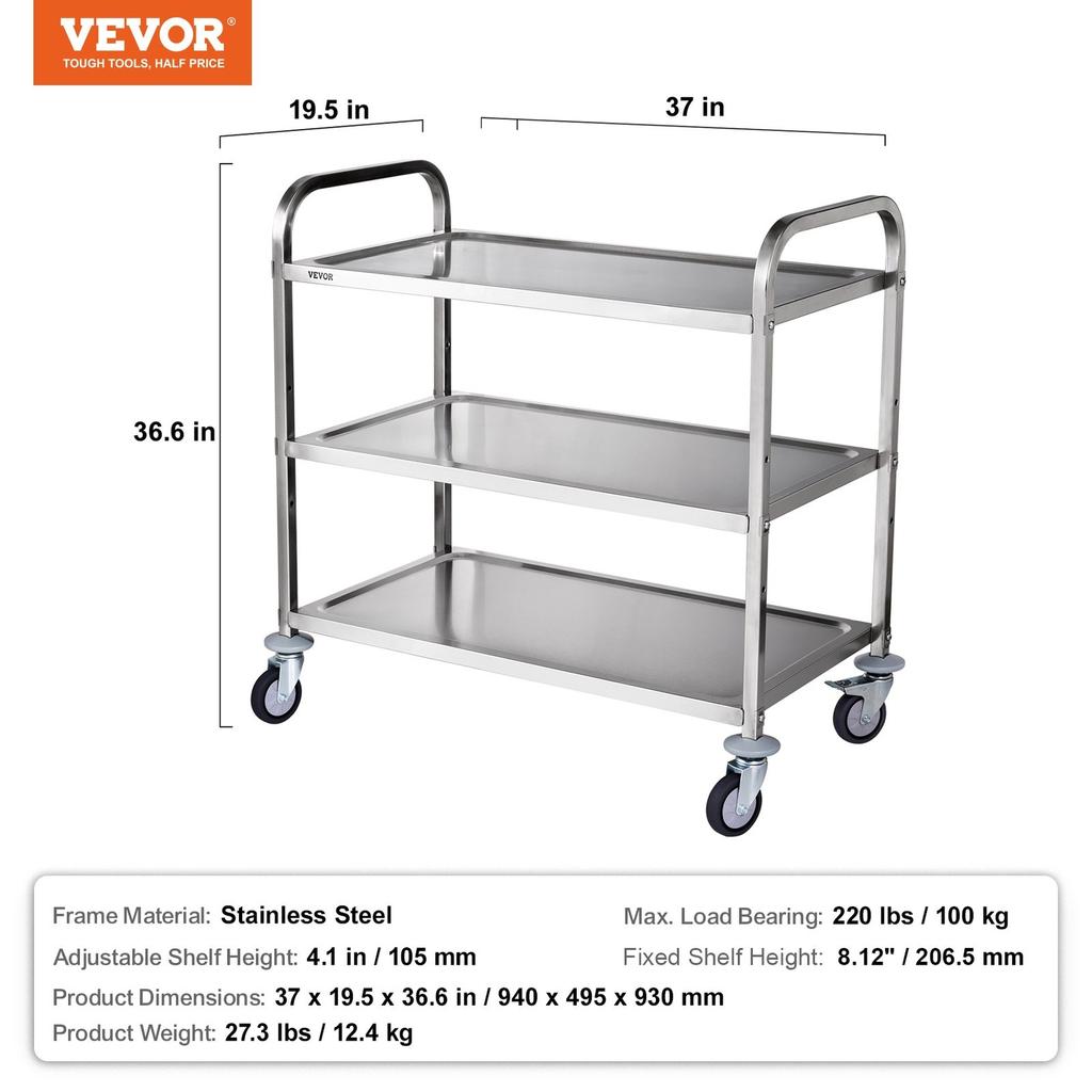 Kitchen Utility Cart, 3 Tiers, Wire Rolling Cart with 450LBS Capacity, Steel Service Cart on Wheels, Metal Storage Trolley with 80mm Basket Curved