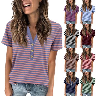 Women's New Button V-Neck Fashion Print Short Sleeve Retro Print T-Shirt  Top Casual Tops Oversized Tshirts