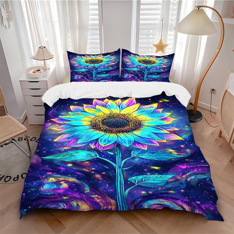 3pcs Cosmic Sunflower Bedding Set - 1 Duvet Cover + 2 Pillowcases(Core Not Included), Machine Washable Polyester, All-Season Comfort, Bedroo
