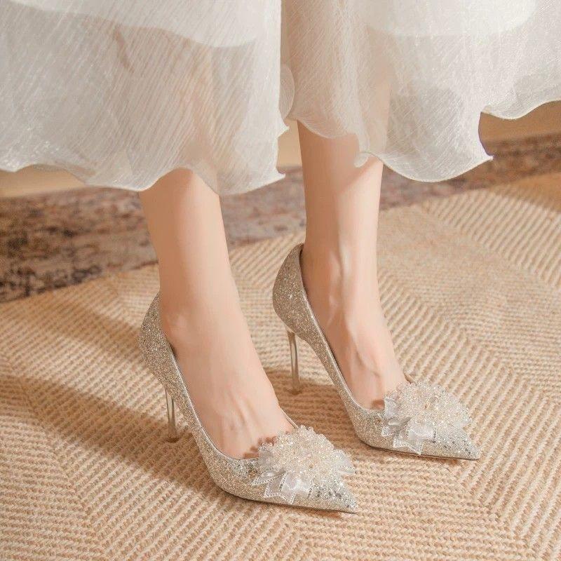Crystal bow high heels women's stunning sequined stiletto wedding dress main bride shoes banquet bridesmaid shoes