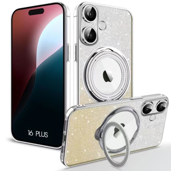 Coque de protection - BOOLING - pour iPhone 16 Plus - Silicone souple - Support magnétique rotatif - Argenté scintillant