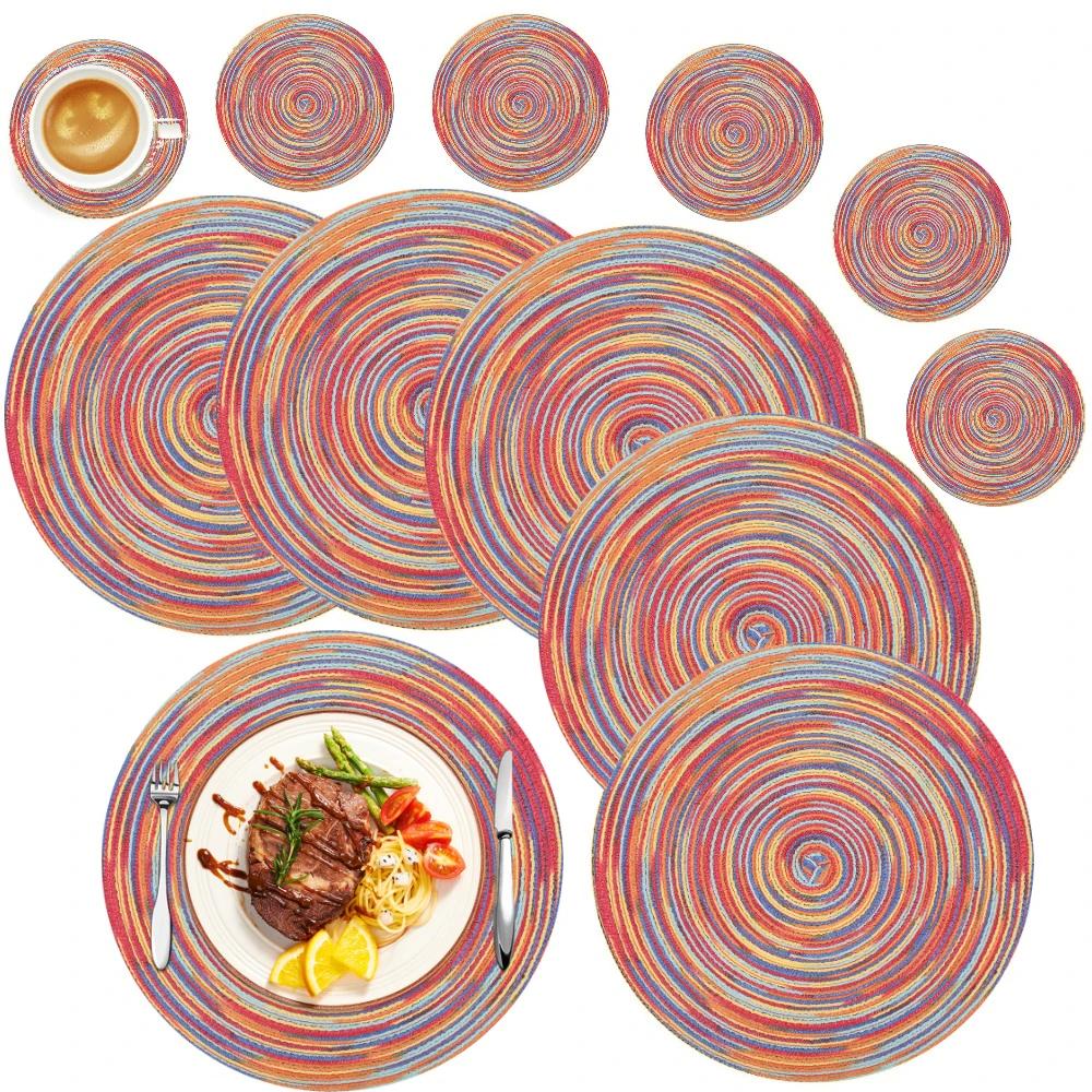 6Pcs Round Table Mat and Cup Coasters Set Woven Ramie Placemats Anti Slip Dining Placemats Non-Slip Tableware Bowl Pads Kitchen