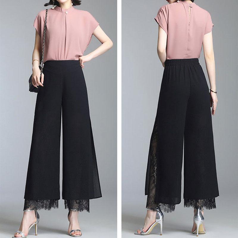 Elegant Lace Hollow Out Cropped Trousers Patchwork Split Female High Waist Commute Solid Color Summer New Elastic Wide Leg Pants