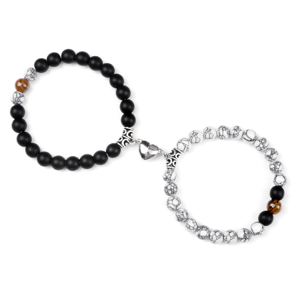 

2pcs/set Natural Stone Beaded Bracelet For Couple Heart Magnet Buckle Wristband Distance Friendship Lovers Fashion Jewelry Gifts