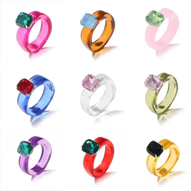 Fashion Simple Inlaid Colorful Zircon Resin Ring Women Sweet Cute Birthday Party Commemorative Jewelry Gift