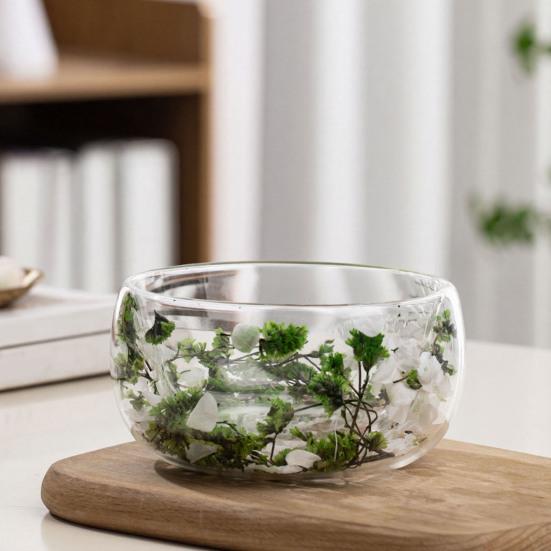 Bol de Sticlă 300ml cu Perete Dublu din Sticlă Borosilicată cu Flori Uscate Bol Decorativ Artistic pentru Supă Desert