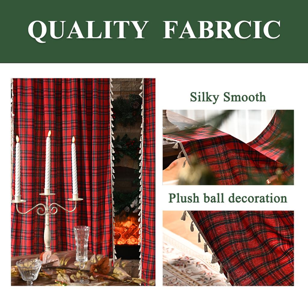 2025New Plaid Pattern Curtains Lace Curtains Rod Tassel Curtains Vintage Red Curtains