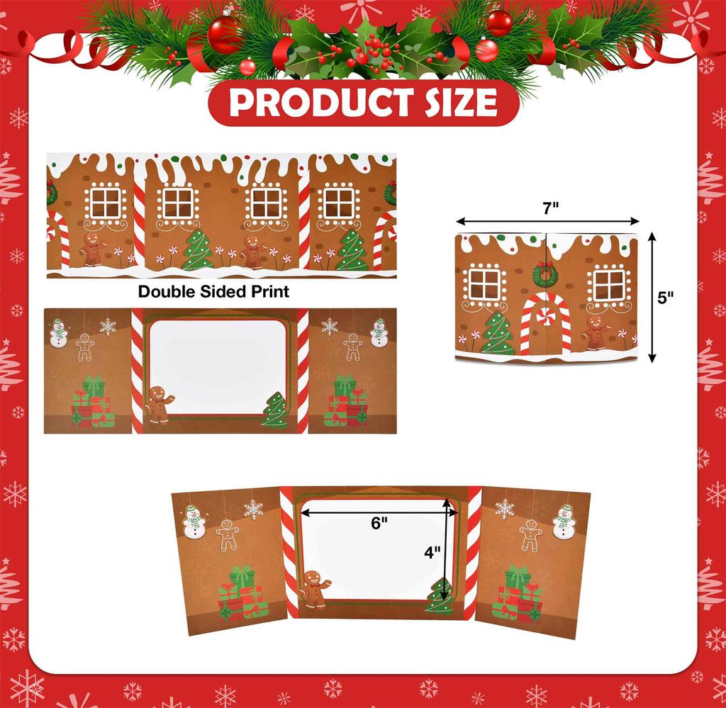 10 Pack Christmas Gingerbread House Greeting Cards Gift (10 Cards + 10 Envelopes) Tri-Fold Double-Sided Holiday Party Decoration Cards
