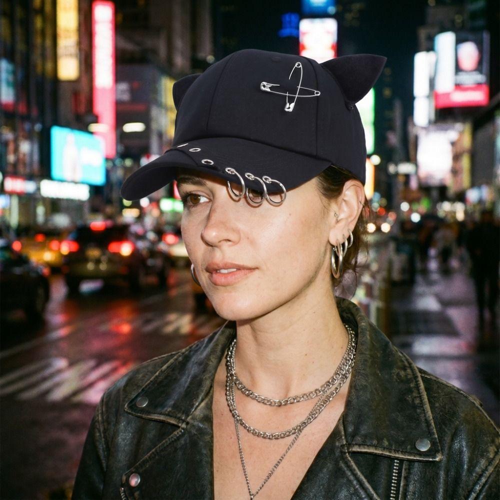 Hiphop Metal Ring Baseball Hat Rivet Peaked Cap Retro Cat Ear Baseball Cap  Men