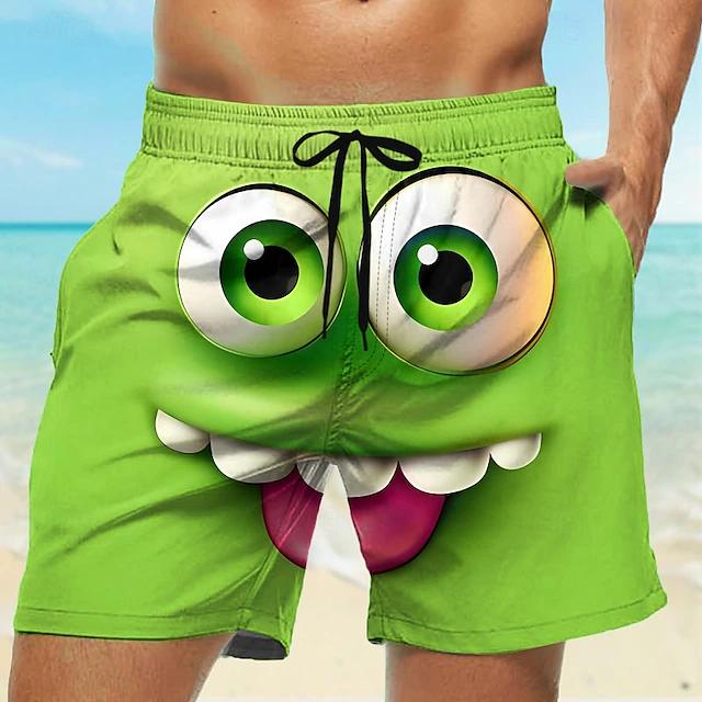 Lustiger Cartoon-Gesichtsdruck Herren Strandshorts Schnelltrocknend Atmungsaktiv Kordelzug Elastischer Bund Social Media Viraler Stil Badehose