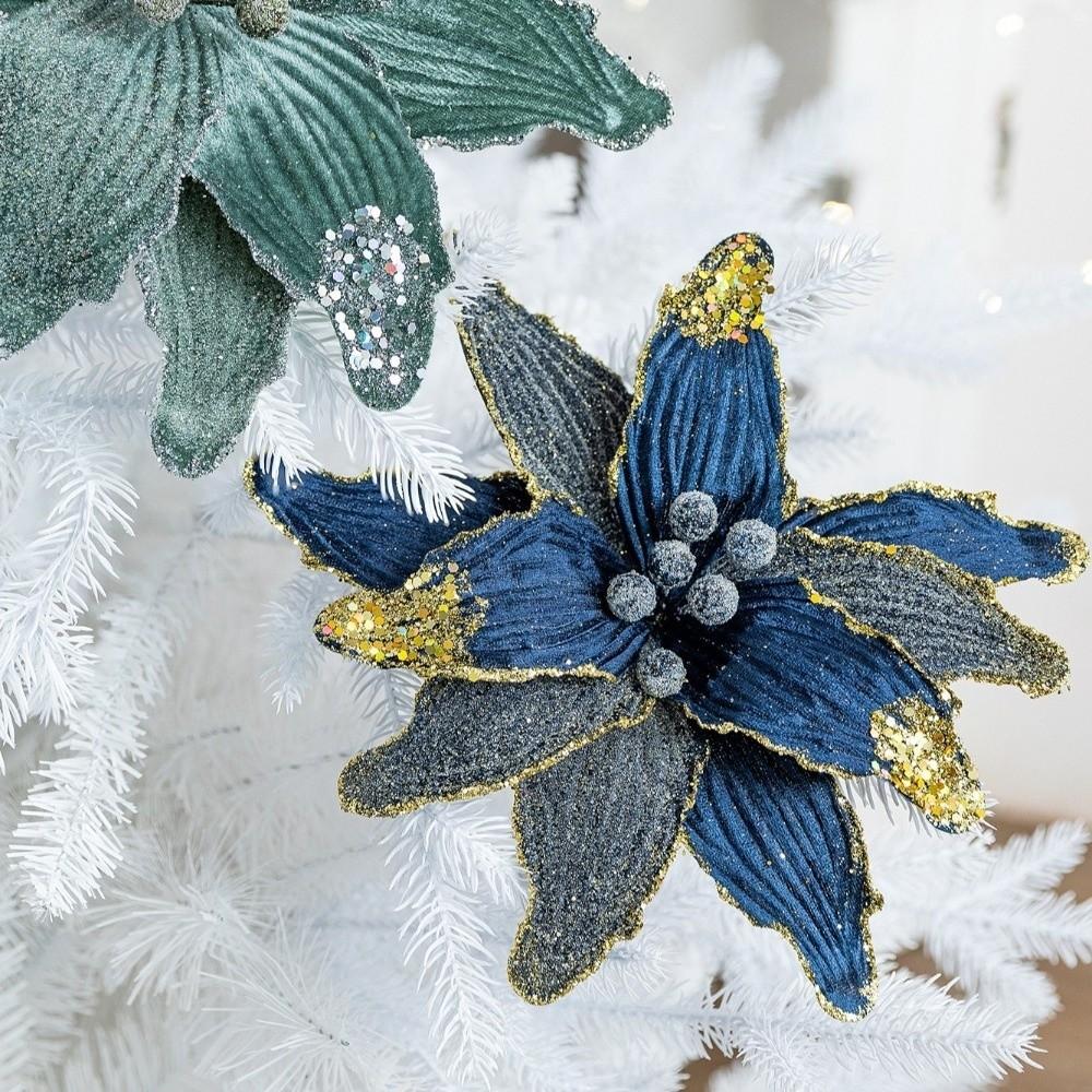 Faux Velvet Artificial Christmas Flower with Glitter 26cm Christmas Tree Wreath Vibrant Color DIY Poinsettia Flower Decor