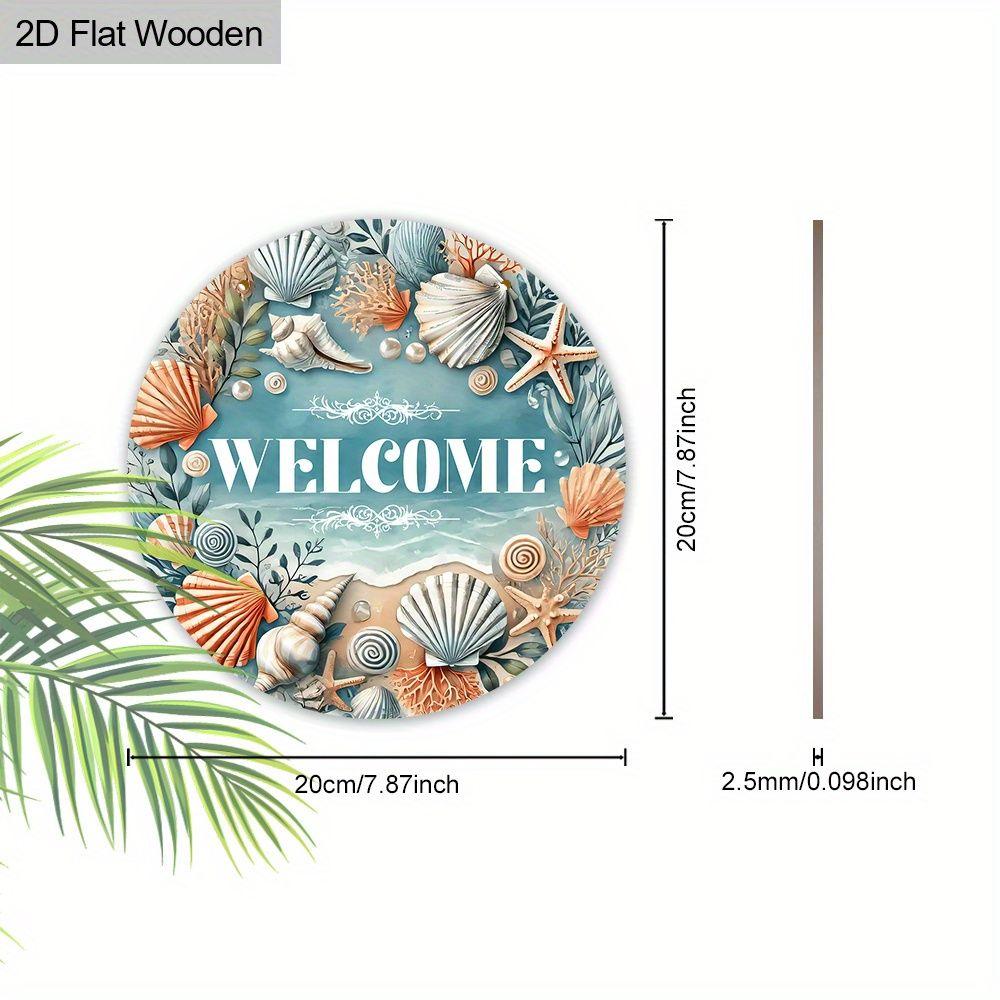 Welcome Seashell Coastal Round Wooden Hanging Sign, 2D Flat Wooden Nautical Front Door Decor