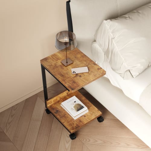 YeTom Side Table with Casters, Movable Bedside Table, Side Wagon, L-Shaped Table, 37cm Wide x 26cm Deep x 53cm High (with Casters), Vintage
