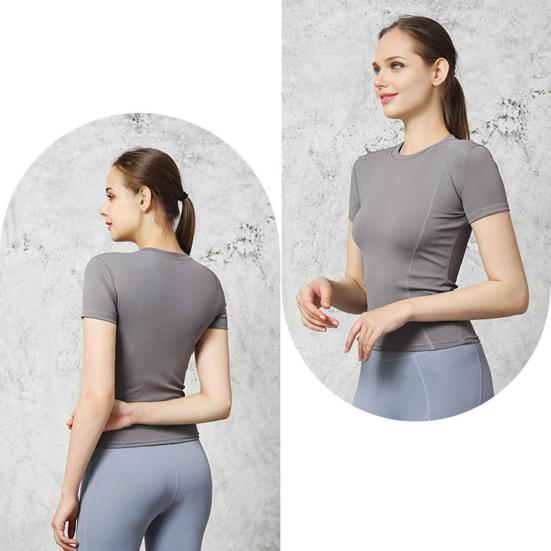 Women Sports Top Solid Color High Elastic Quick Drying Workout Shirt Short Sleeve Crew Neck Gym Apparel for Yoga Fitness