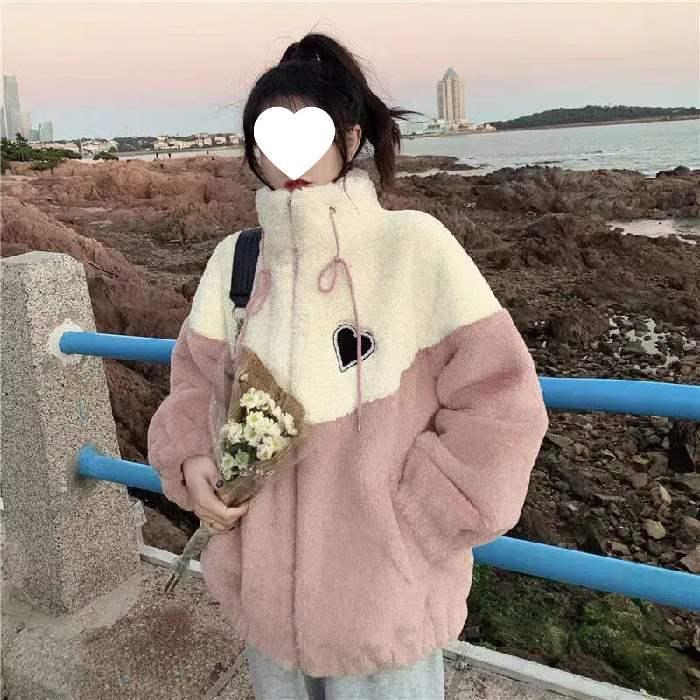 Women's Lambswool Patchwork Jacket - Autumn/Winter 2025, Loose Fit, Thick Cotton, Korean Style for Junior/High School Students