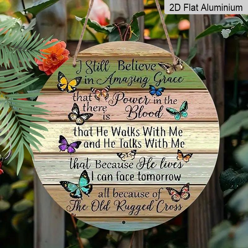 2D Flat, 1pc Round Aluminum Sign, "Amazing Grace" Christian Hymn Quote, Colorful Butterfly & Rustic Wood Design, Metal Wall Art, Ideal for Home