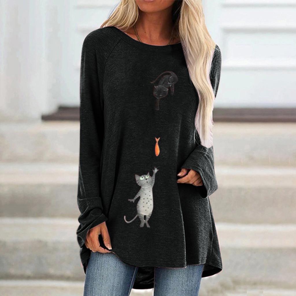 Women Fashion Plus Size Print Round Neck Long Sleeved Long T-shirt Blouse