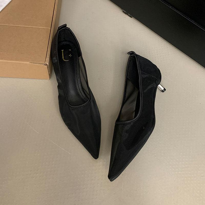 

Женские туфли-лодочки из сетки с острым носком на низком каблуке, дышащие женские туфли на тонком каблуке для леди, обувь слипоны 35 чёрный