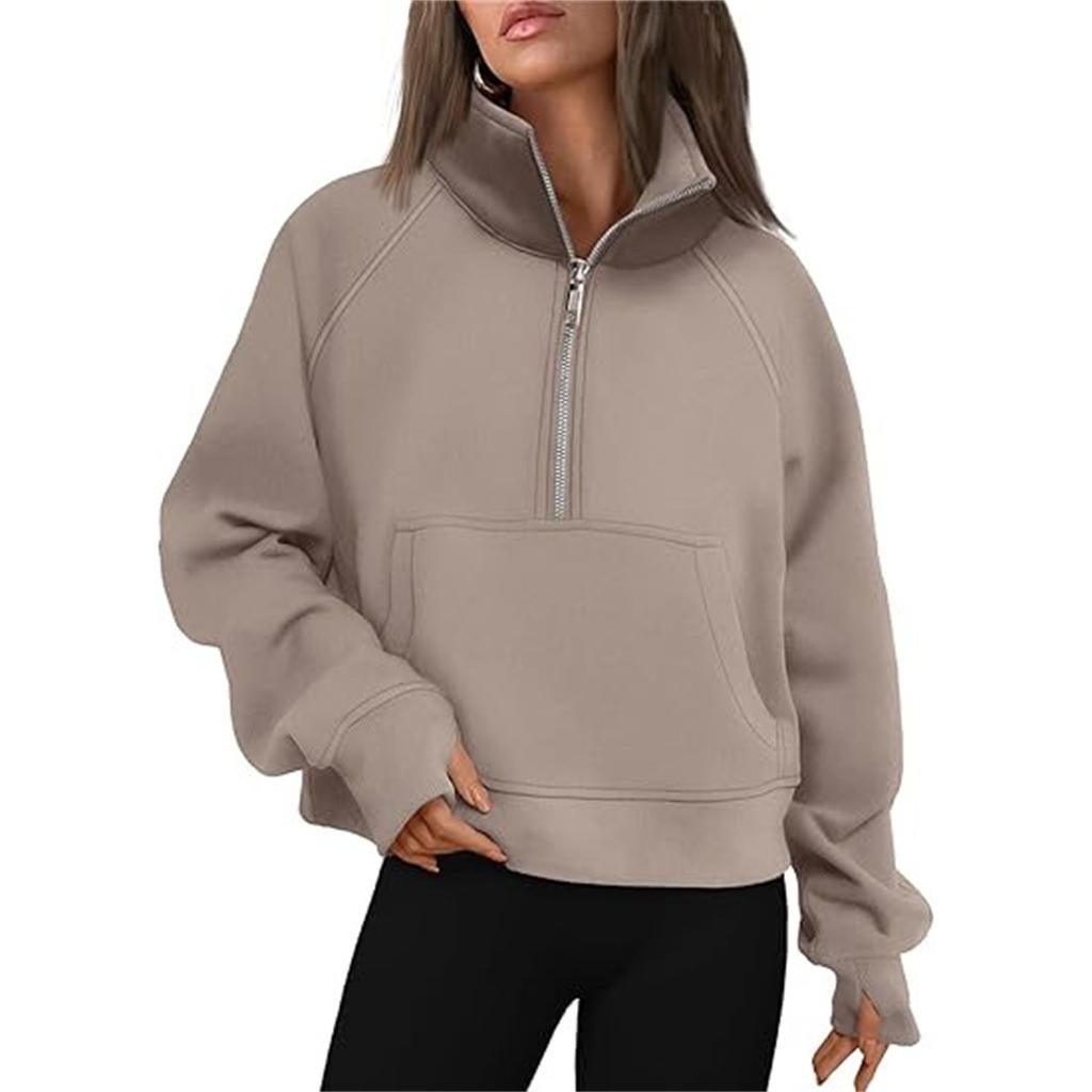Women's Stand Collar Plus Fleece Solid Color Hoodie Long Sleeve Pocket Loose Half Zip Pullover Hoodie Top