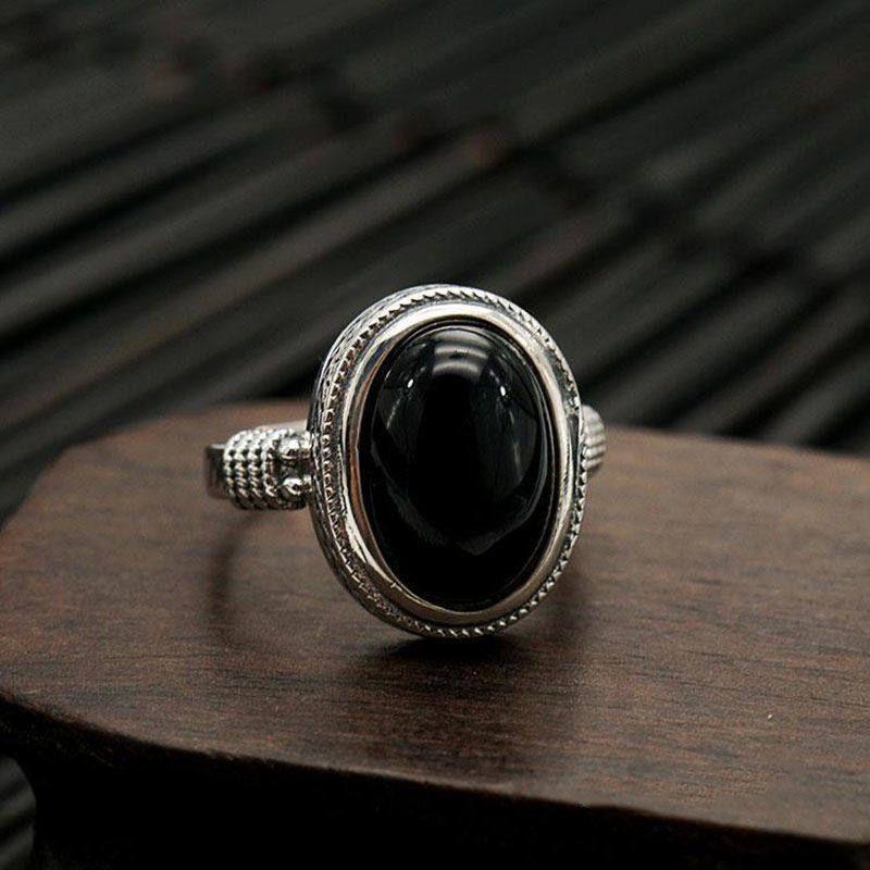 Fashion Fashion 925 Silver Black Agate Ring Exquisite Niche Style Open Couple Ring New Arrival Retro Stylish Fashion Black Onyx Ring