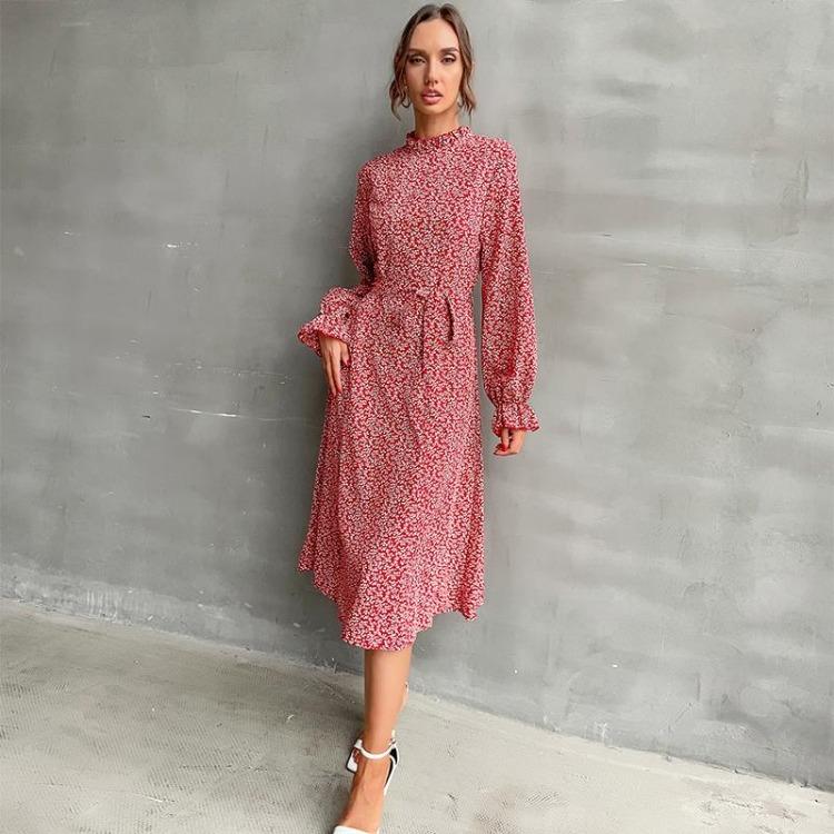 

Elegant Floral Printed Women Dress Slim High Waist Long Sleeve Half High Neck Lace Up Fashion XL бордовый